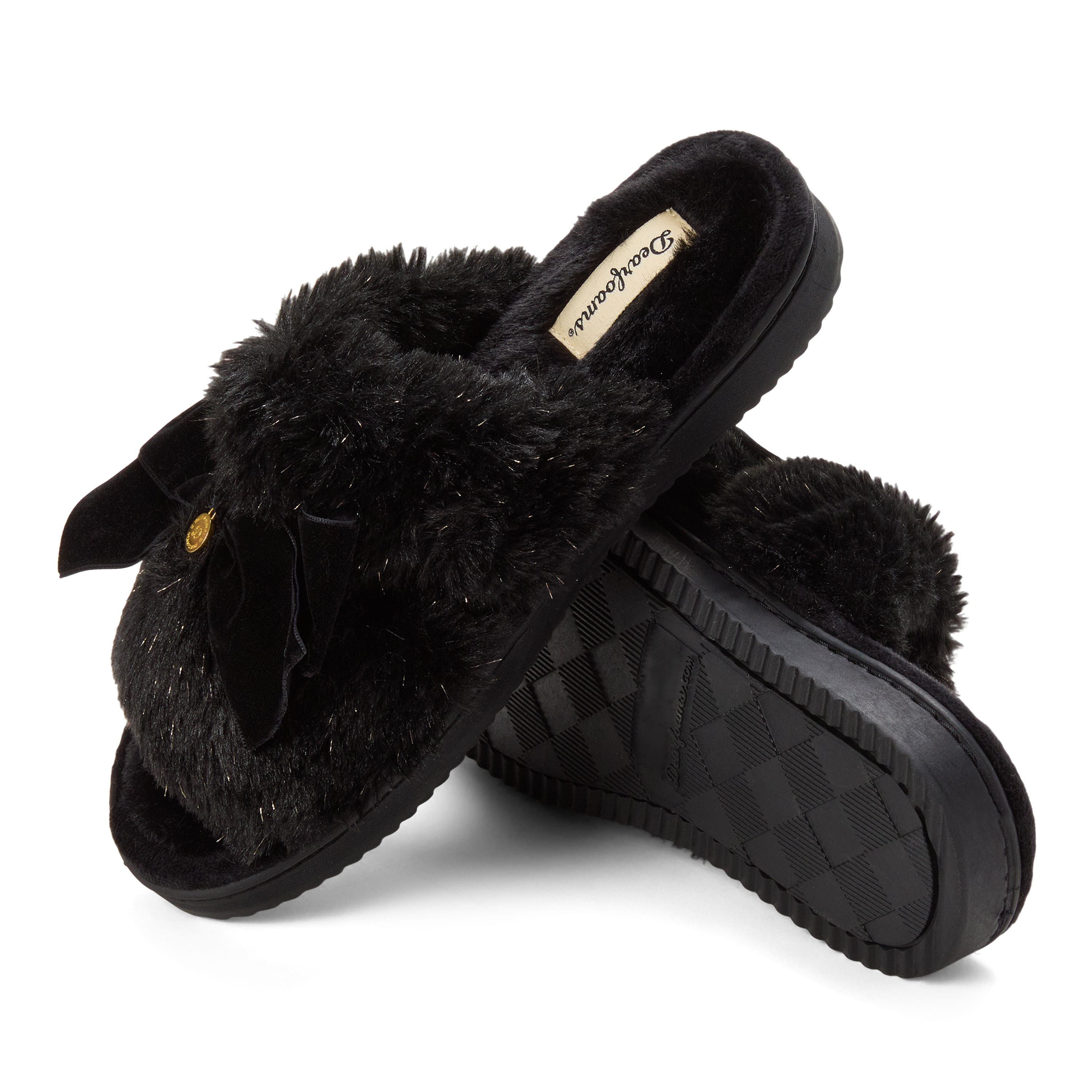 DEARFOAMS Bianca Pile Slide Slipper with Bow, Alternate, color, Black