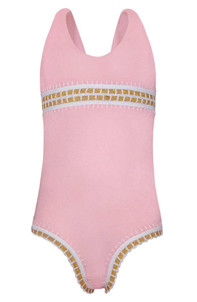 PQ SWIM Kids' Mabel Rainbow Embroidered One-Piece Swimsuit, Main, color, Pink Sands