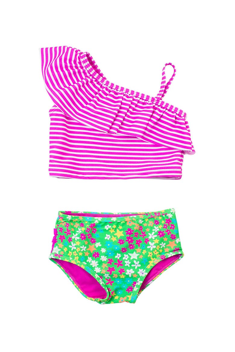 Girls One Shoulder Ruffle Tankini, Main, color, Neon Floral