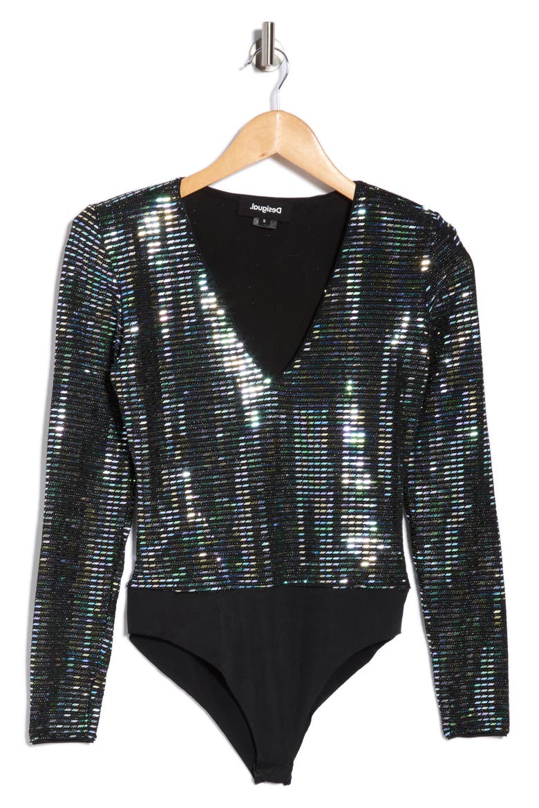 Glitter Long Sleeve Bodysuit, Alternate, color, BLACK