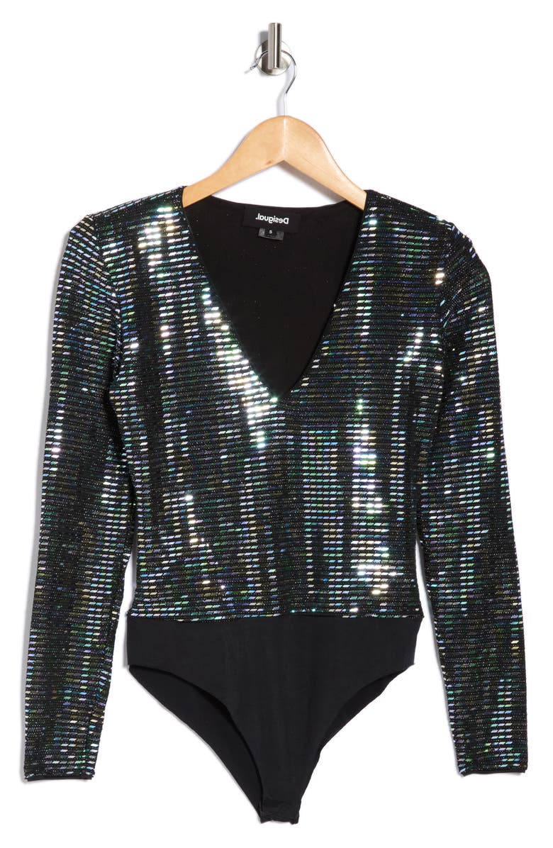 Desigual Glitter Long Sleeve Bodysuit, Alternate, color, Black