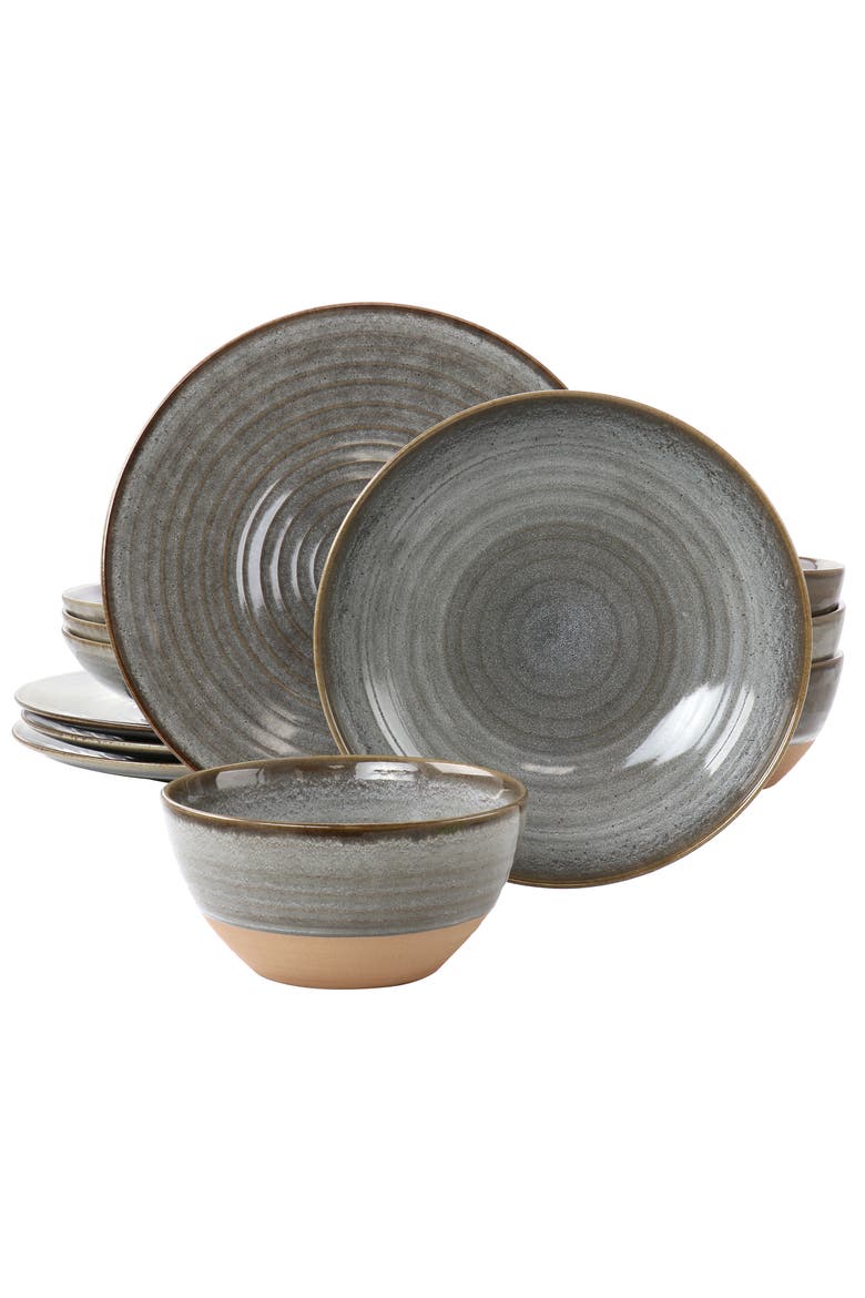 12 Piece Dreamweaver Round Earthenware Dinnerware Set, Main, color, Grey