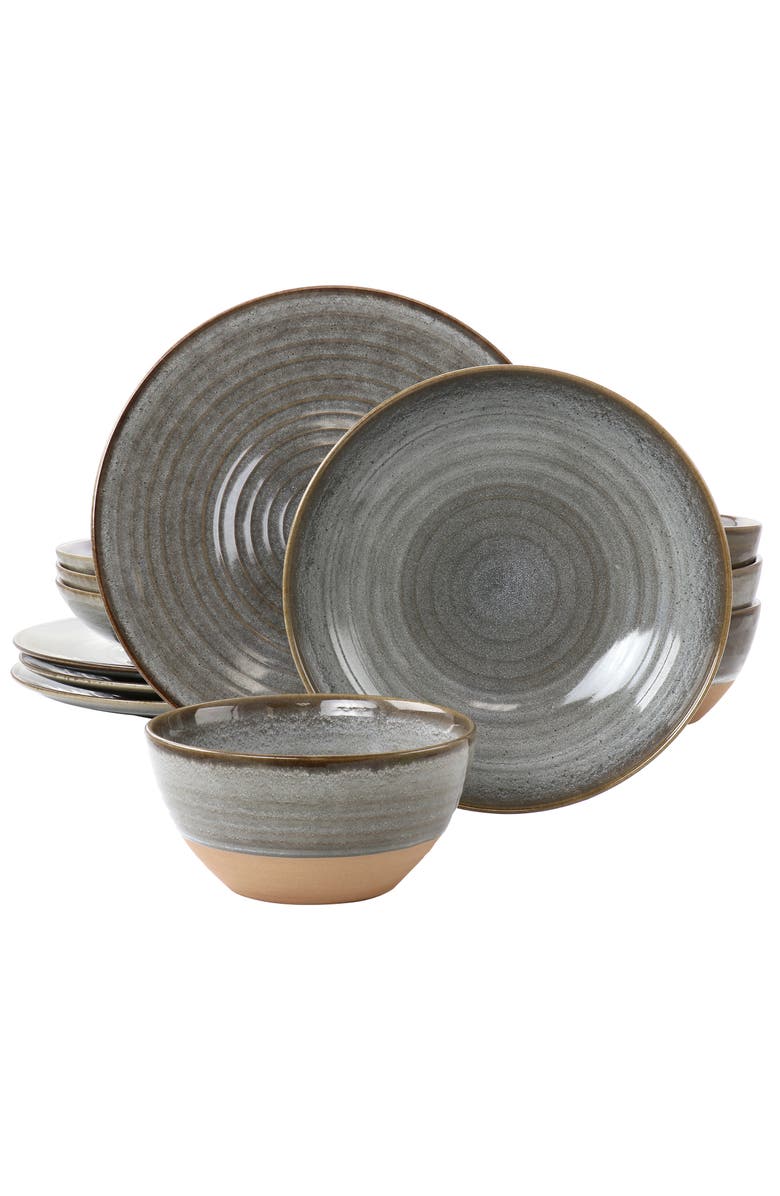 Gibson Elite 12 Piece Dreamweaver Round Earthenware Dinnerware Set, Main, color, Grey