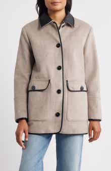 Bernardo Button Front Coat with Faux Leather Trim