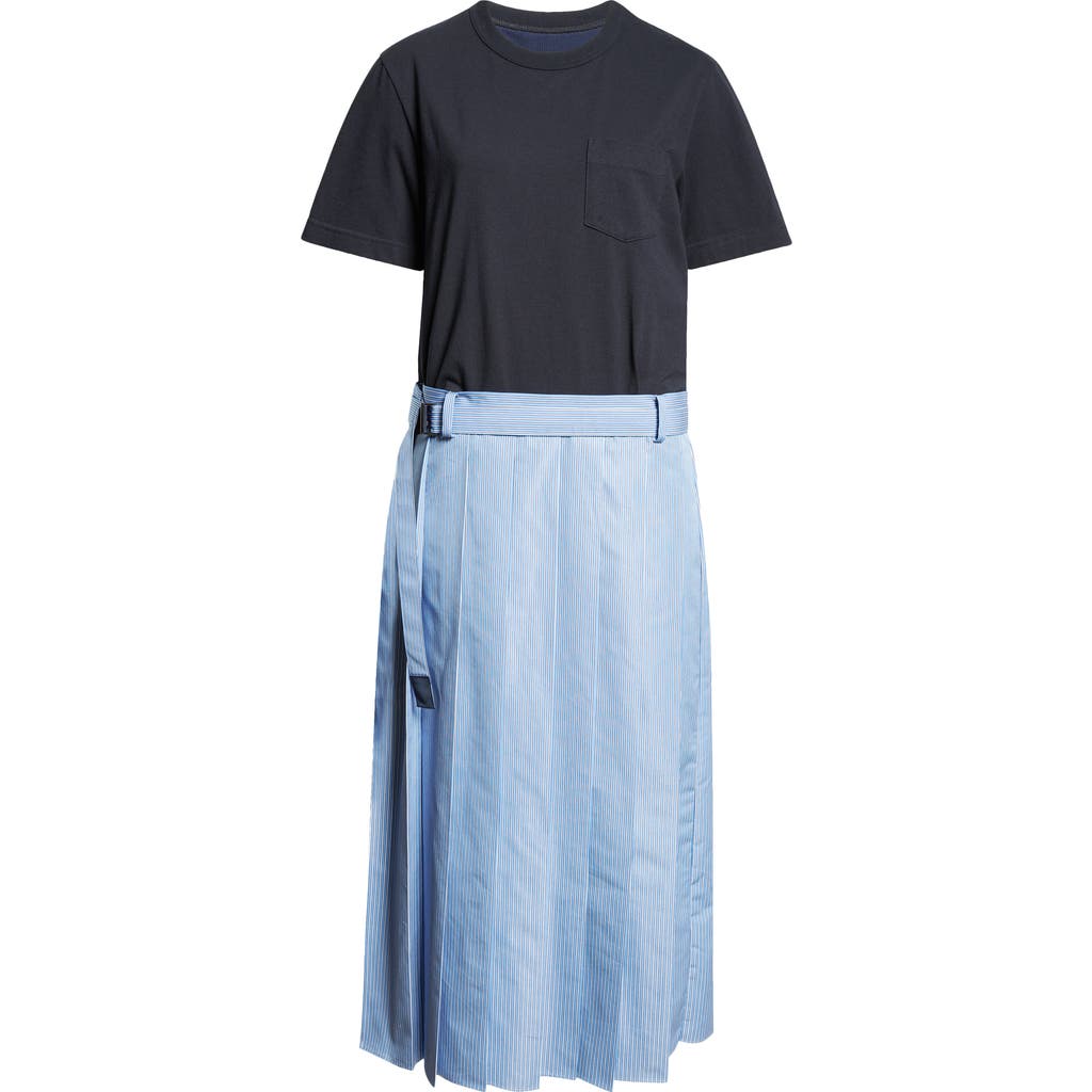 Sacai Mixed Media Belted Poplin & Jersey Midi Dress In Navy X Blue Stripe