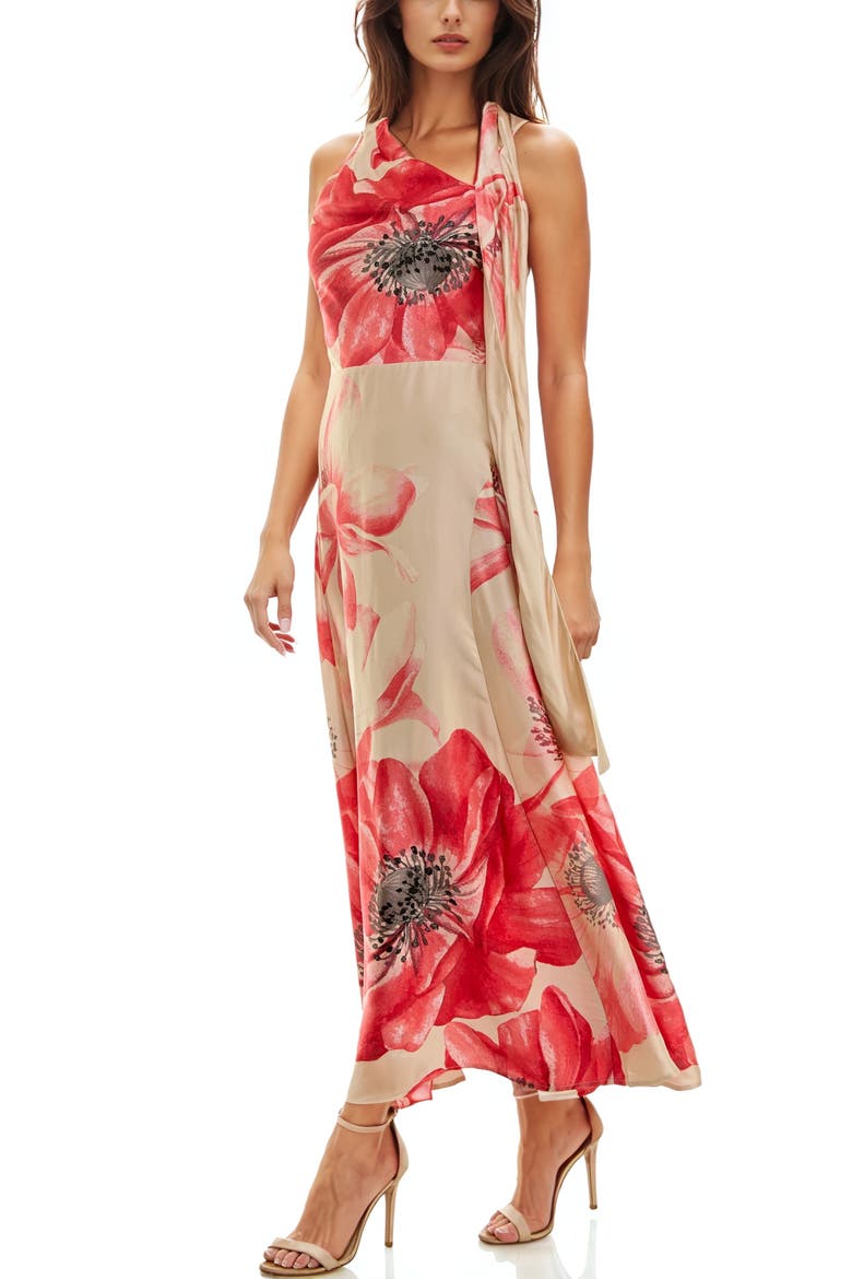 Drape Satin Cocktail Maxi Dress, Alternate, color, PEACH/ CORAL