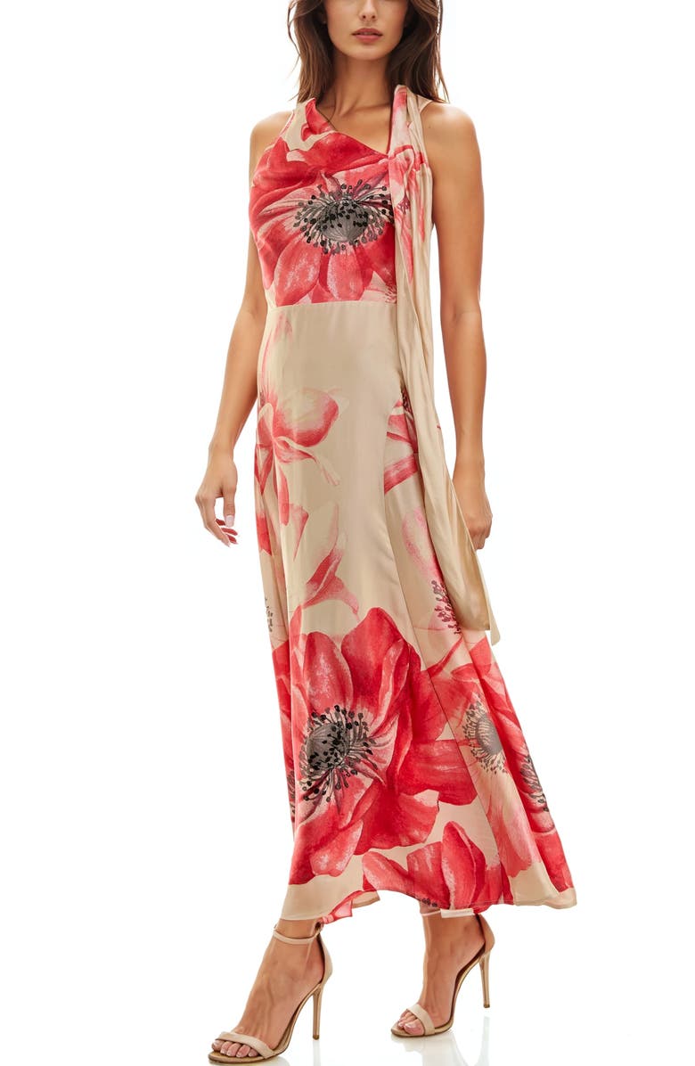 Socialite Drape Satin Cocktail Maxi Dress, Alternate, color, Peach/ Coral
