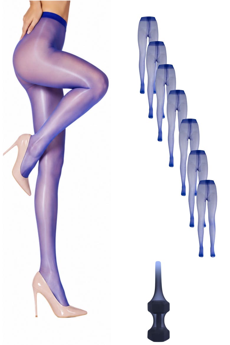 7-Pack Glossy Semi-Opaque Statement Fashion Tights For Women, Main, color, Blue