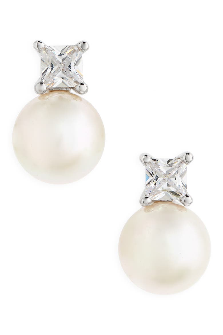 Pearl & Crystal Earrings, Main, color, WHITE