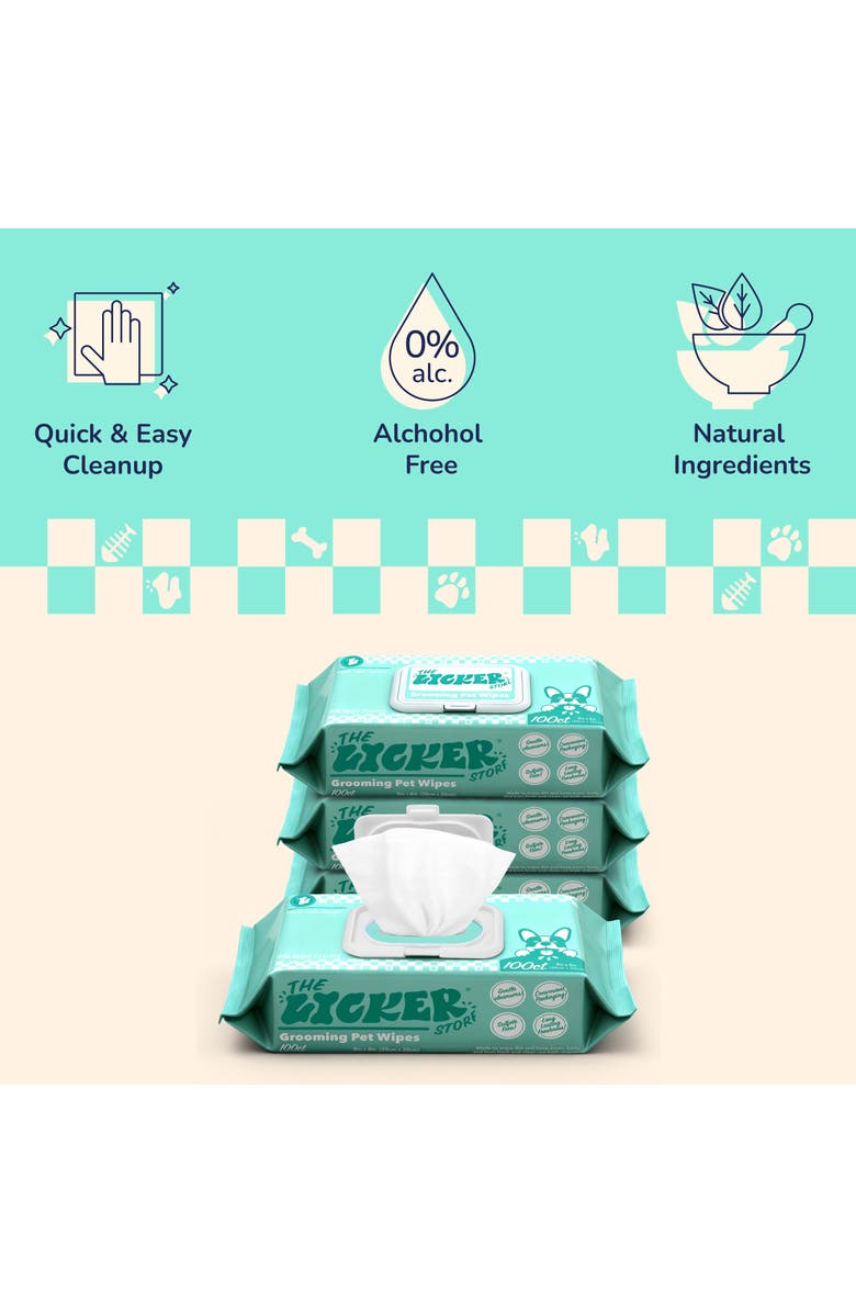 The Licker Store Dog Grooming Wipes, Biodegradable & Hypoallergenic, Unscented, Aloe, Chamomile & Shea Butter, Alternate, color, White - 4Pack (100Ct)