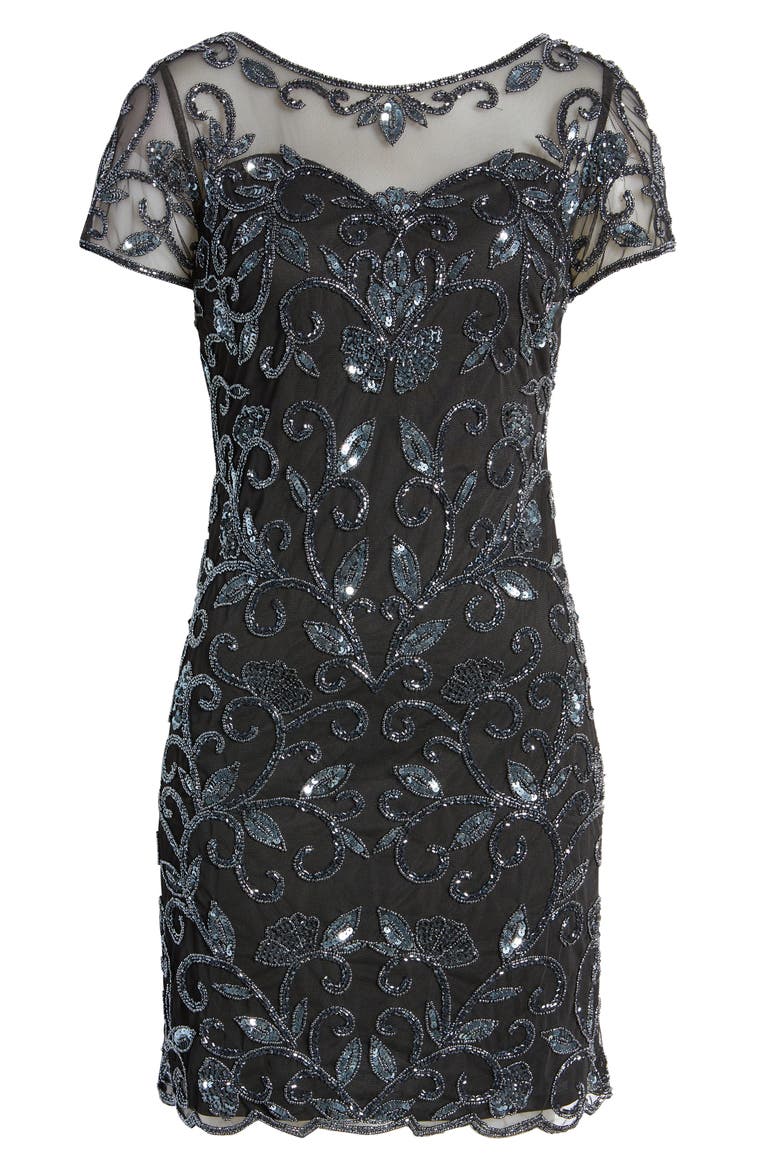 Illusion Beaded Cocktail Dress, Alternate, color, BLACK/ GUN