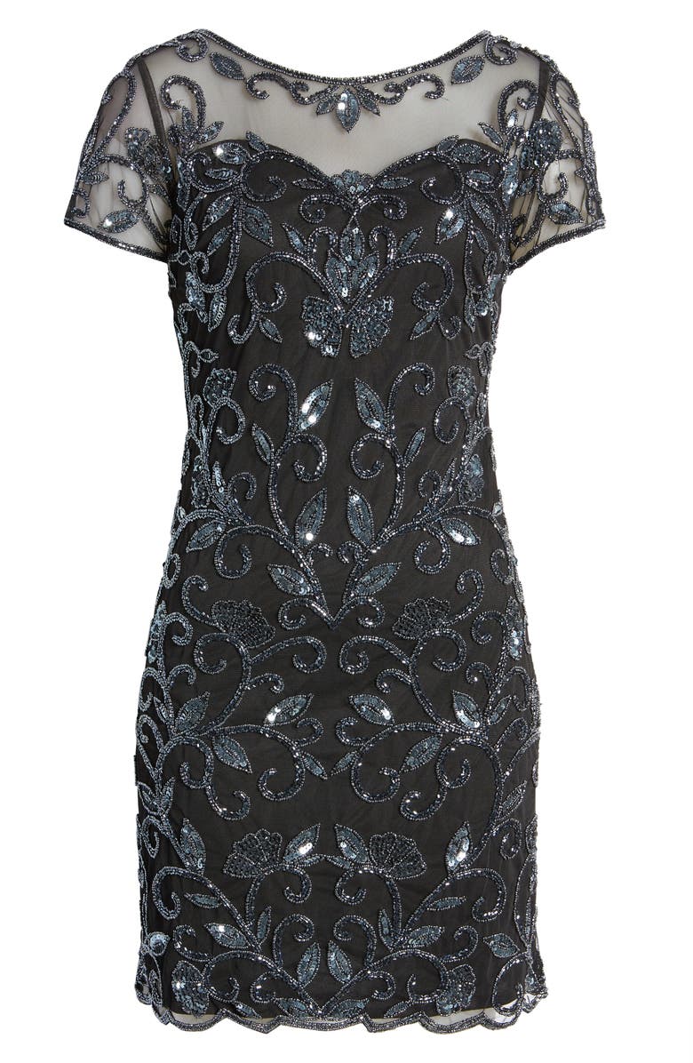 Pisarro Nights Illusion Beaded Cocktail Dress, Alternate, color, Black/ Gun