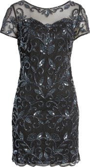 Pisarro Nights Illusion Beaded Cocktail Dress
