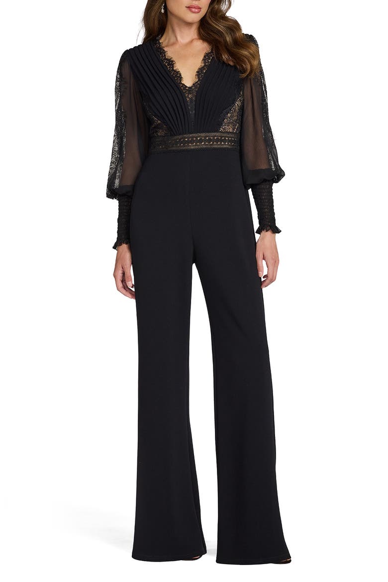 Pintuck Pleat Long Sleeve Jumpsuit, Main, color, BLACK/NUDE