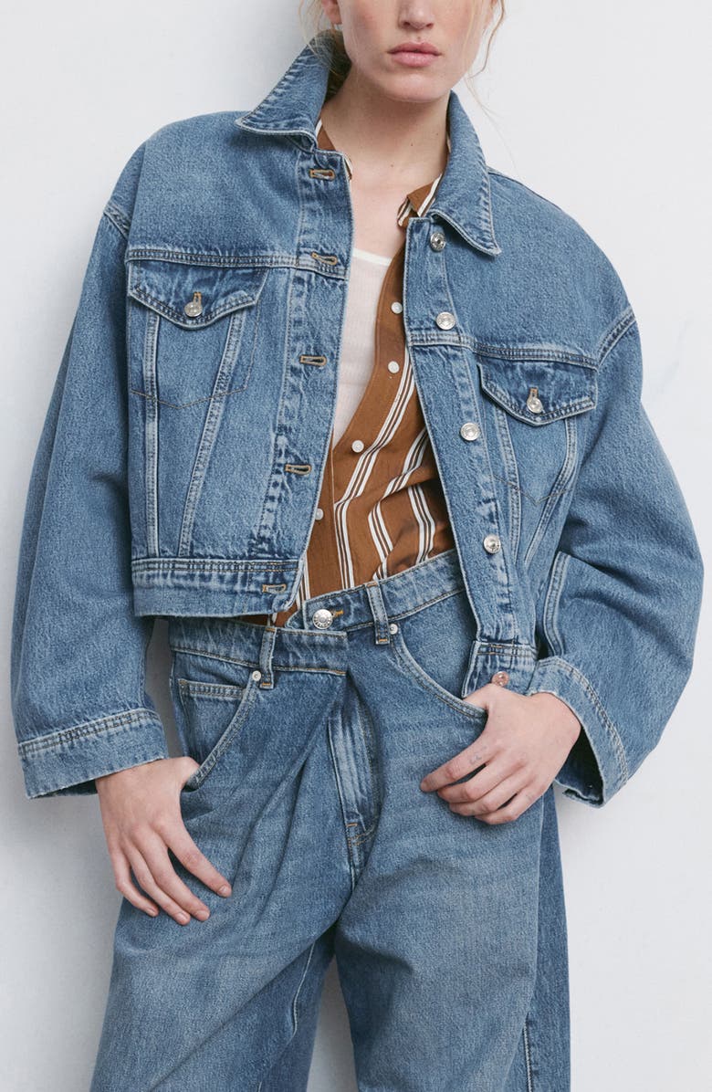 MANGO Oversize Crop Denim Jacket, Main, color, Medium Blue