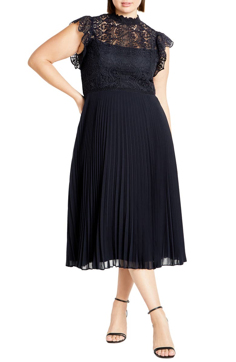 City Chic Livia Lace Yoke Sleeveless Fit & Flare Dress, Main, color, Navy