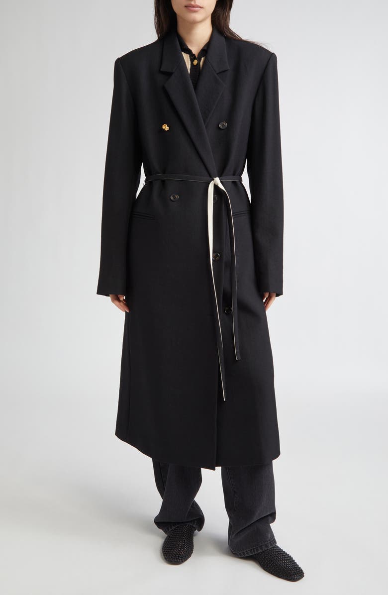 EENK Belted Double Breasted Virgin Wool Long Coat, Alternate, color, Black