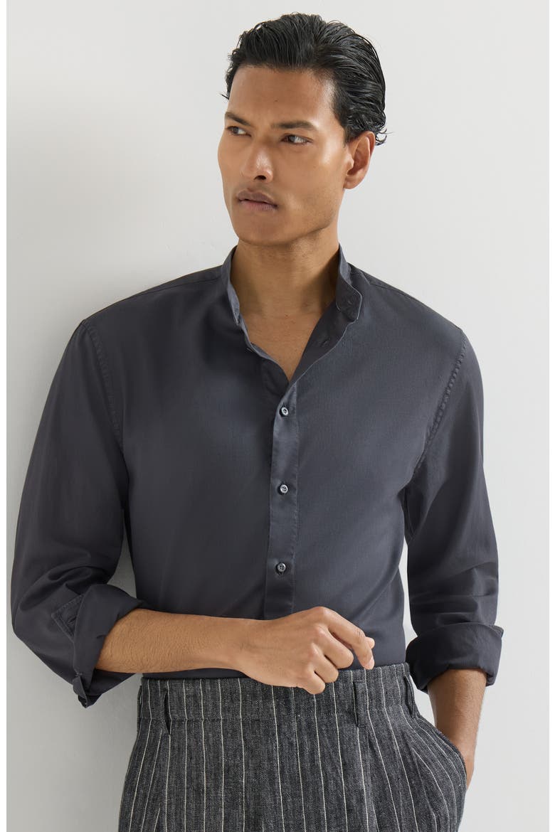 Garment-dyed shirt in cotton twill with Mandarin collar, Alternate, color, Anthracite
