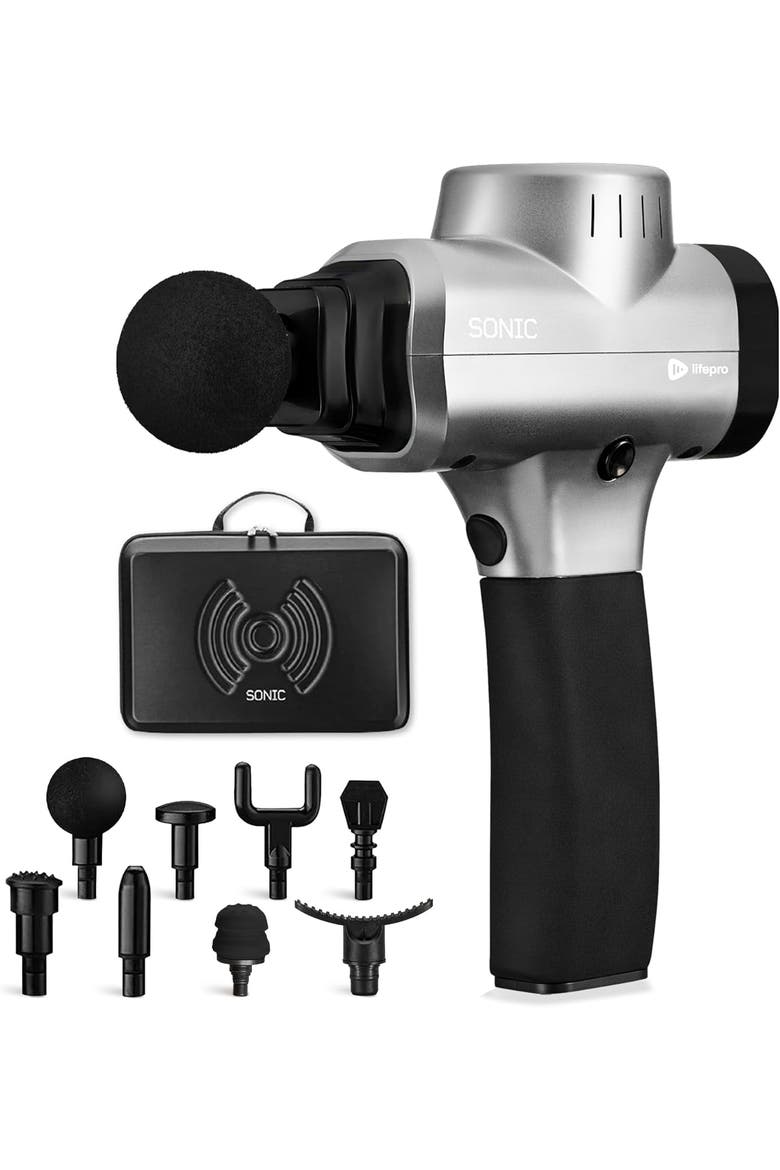 Sonic Massage Gun Percussion Muscle Massager with 8 Heads & 6 Speeds, Main, color, Silver