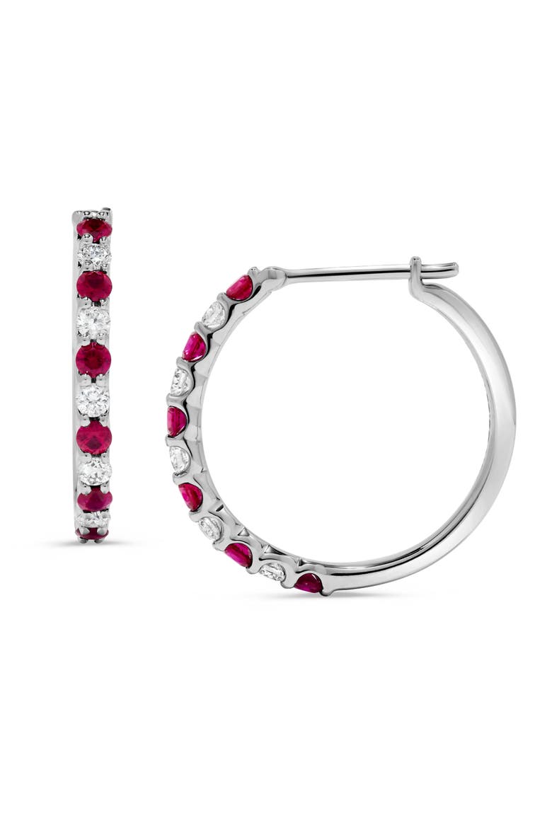 Alternating Ruby & Diamond Hoop Earrings in 14K White Gold, Main, color, 14K White Gold