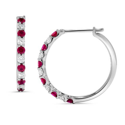Alternating Ruby & Diamond Hoop Earrings in 14K White Gold
