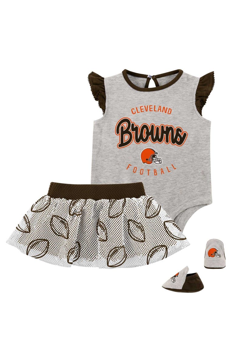 Outerstuff Girls Infant Heather Gray/Brown Cleveland Browns All Dolled Up Three-Piece Bodysuit, Skirt & Booties Set, Main, color, 