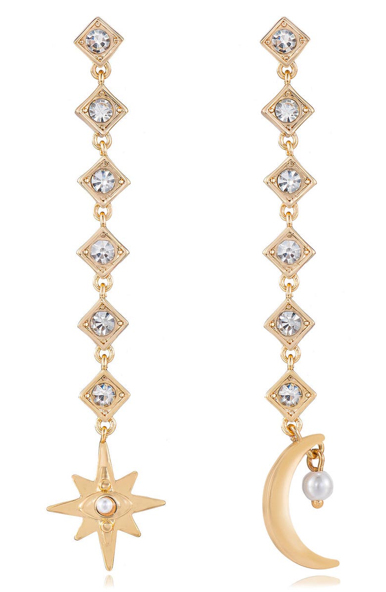 Ettika Star & Moon Imitation Pearl Linear Drop Earrings, Main, color, 