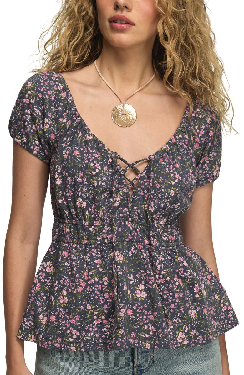 Lucky Brand Floral Cotton Peplum Top, Alternate, color, Navy Floral