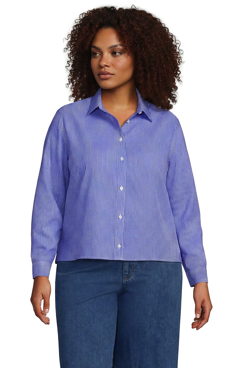 Plus Size No Iron Boxy Cropped Shirt, Main, color, Sapphire Gem Thin Stripes