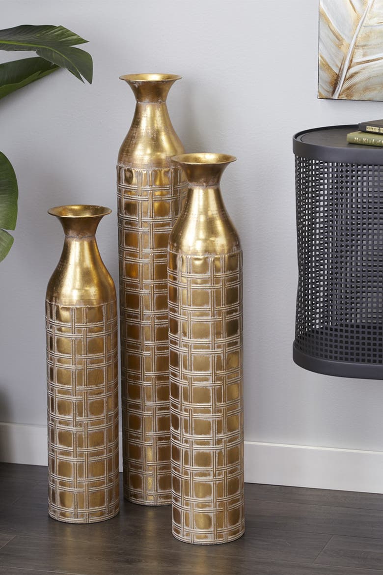 Goldtone Metal Glam Vase with Etched Grid Pattern - Set of 3, Alternate, color, GOLD