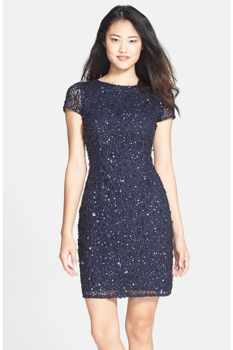 Sequin Mesh Sheath Dress, Main, color, NAVY