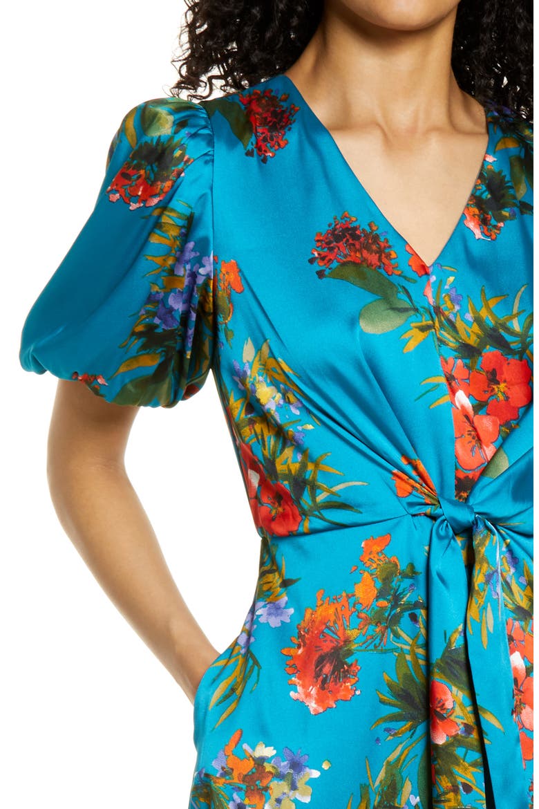 Floral Tie Waist A-Line Midi Dress, Alternate, color, TEAL MULTI