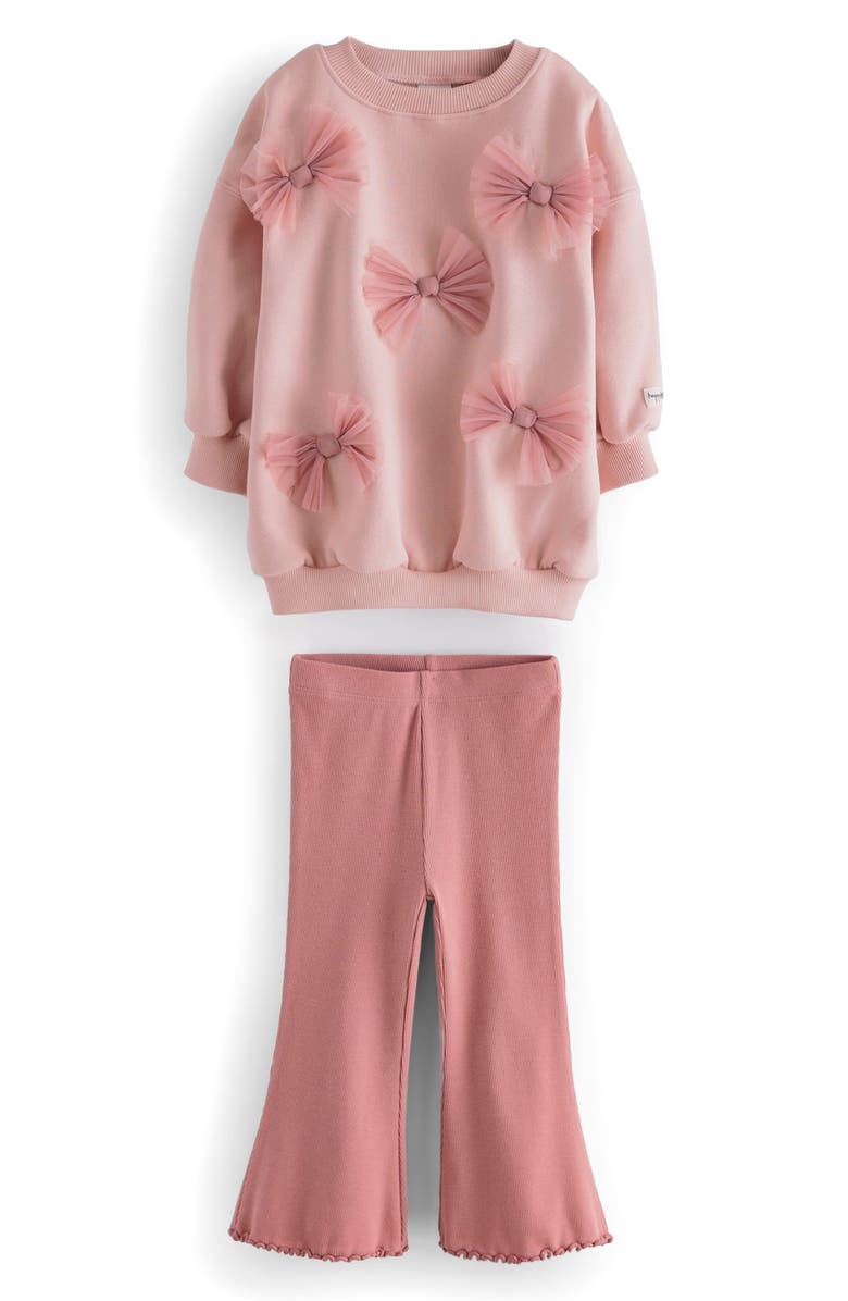 NEXT Kids' Bow Appliqué Sweatshirt & Rib Flare Leggings Set, Main, color, 