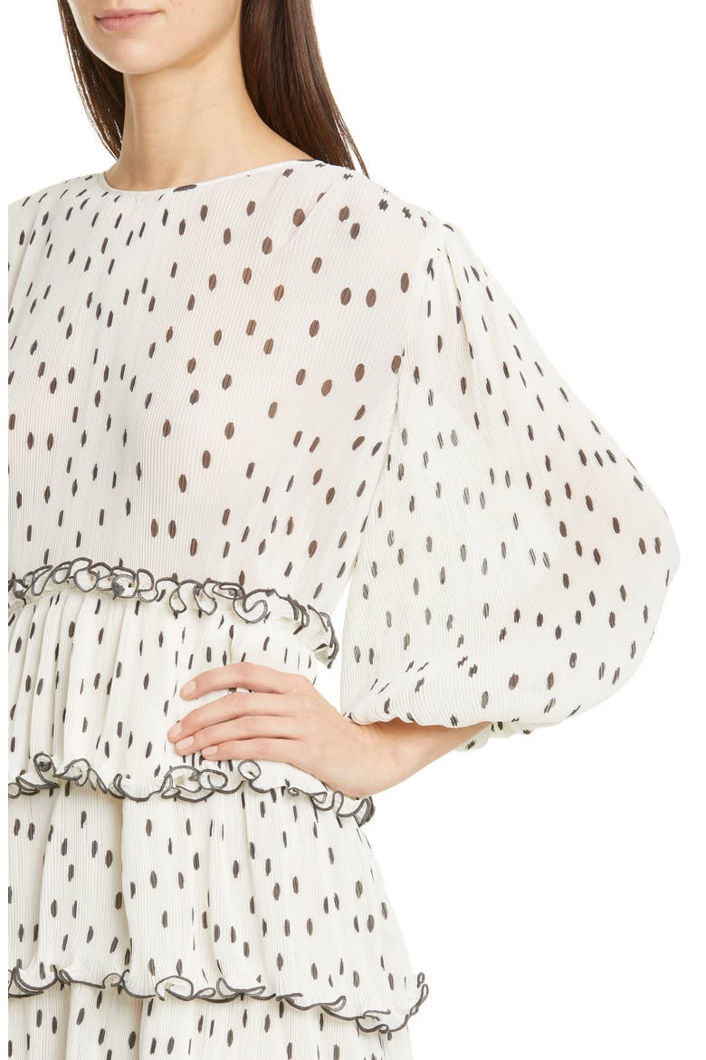 Polka Dot Tiered Long Sleeve Plissè Midi Dress, Alternate, color, EGRET