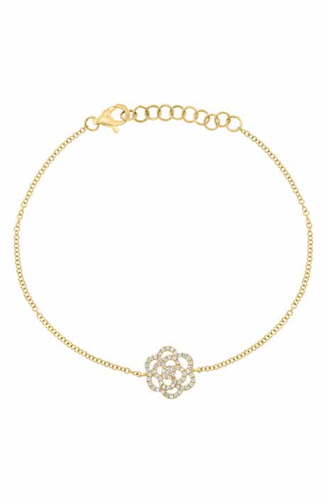 14K Gold Plated Sterling Silver Diamond Flower Charm Bracelet