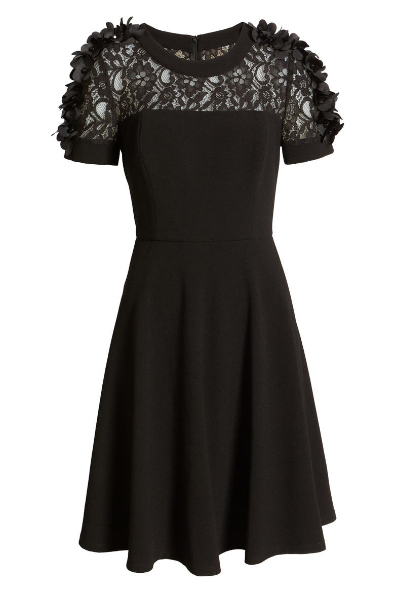 Floral Appliqué Fit & Flare Cocktail Dress, Alternate, color, BLACK