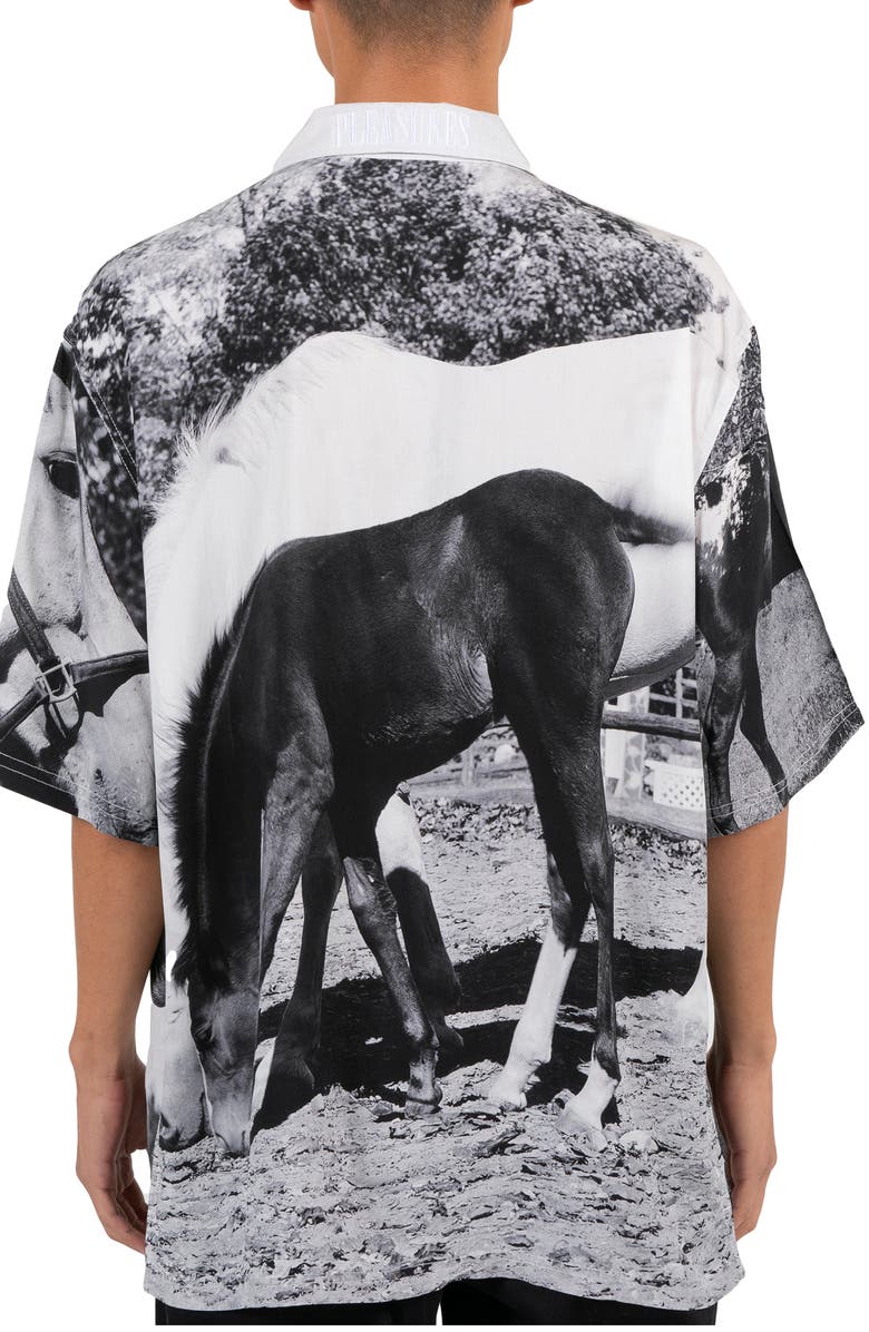 PLEASURES Horses Print Short Sleeve Button-Up Shirt, Alternate, color, 