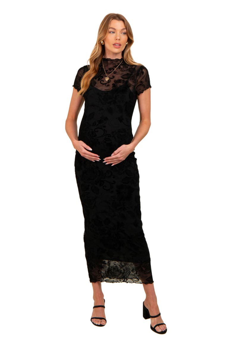 Floral Mesh Overlay Fitted Maxi Dress, Main, color, Black