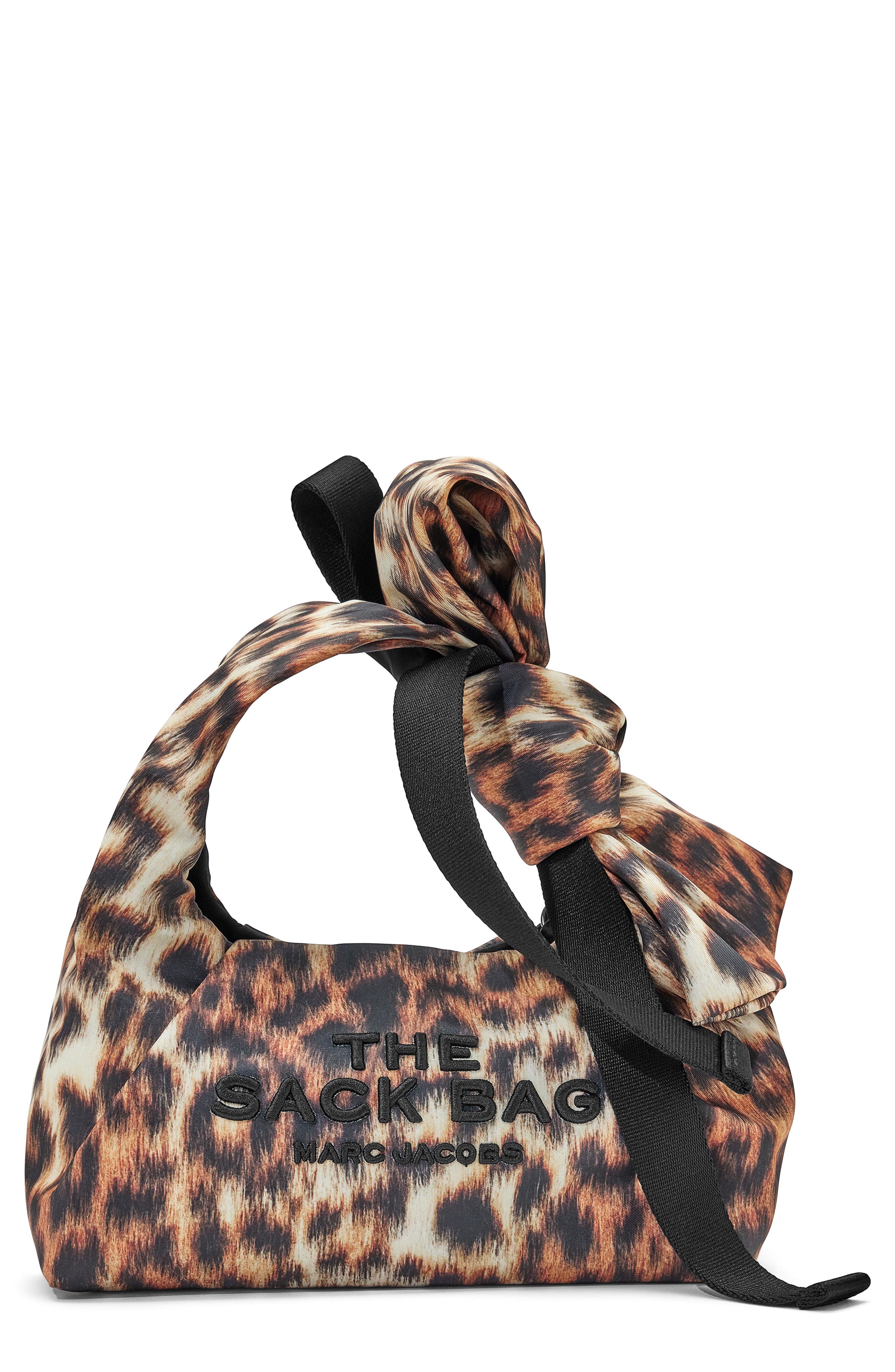 Mini Leopard Print Bow Sack Bag, Main, color, BROWN MULTI