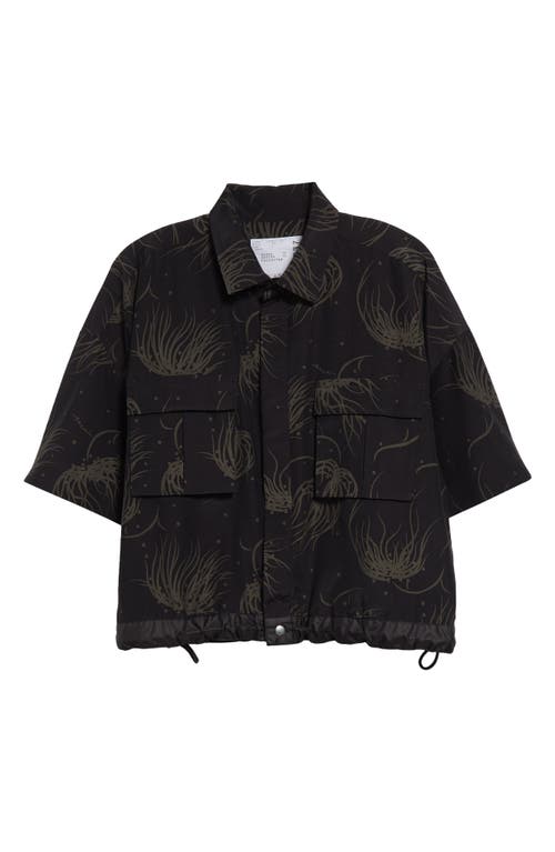 Sacai Dot Flower Print Drawstring Hem Crop Shirt In Black
