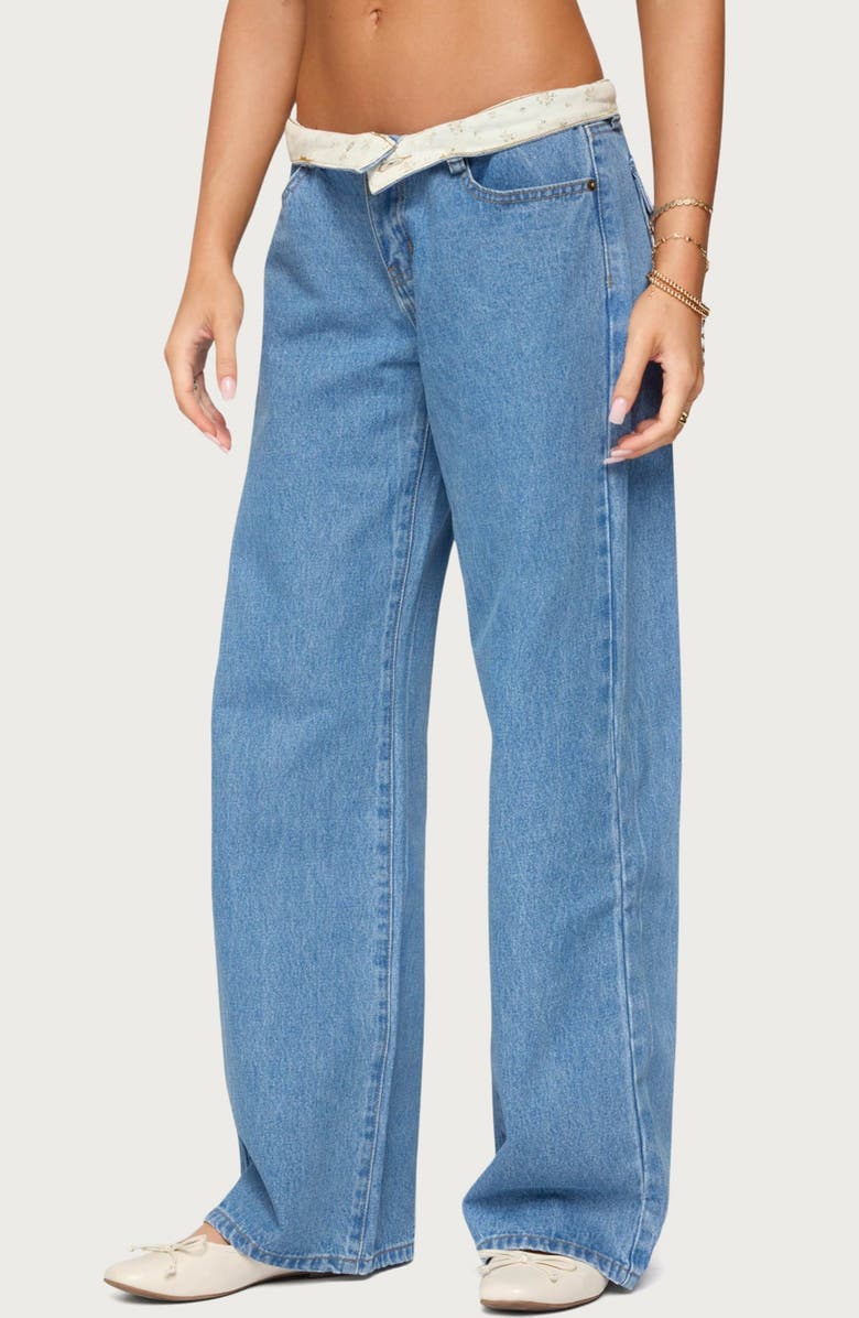 EDIKTED Florla Foldover Low Rise Wide Leg Jeans, Alternate, color, Blue