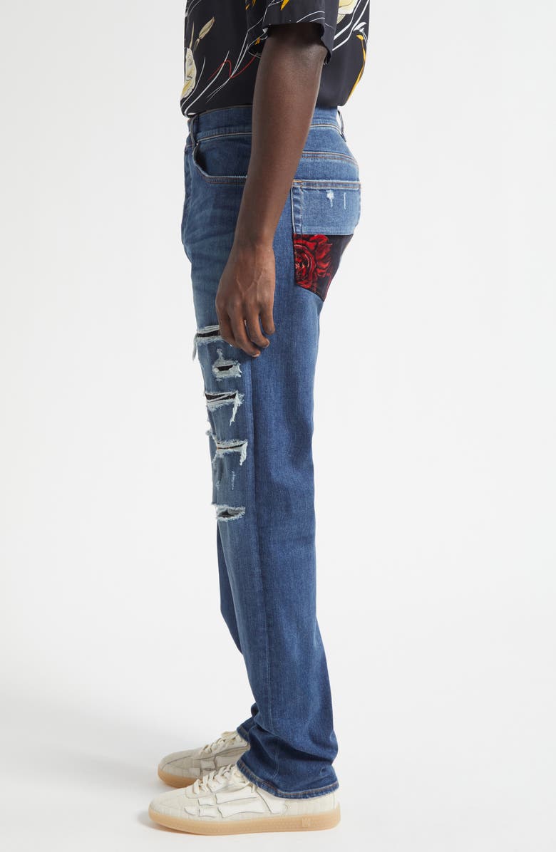 AMIRI Thrasher Slim Fit Distressed Floral Velvet Patch Jeans, Alternate, color, Dark Indigo