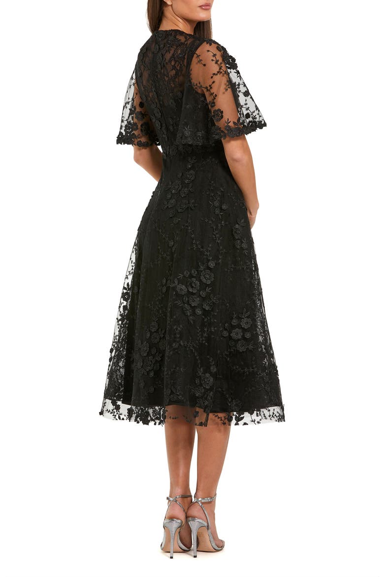 Flutter Sleeve Embroidered Cocktail Midi Dress, Alternate, color, Black