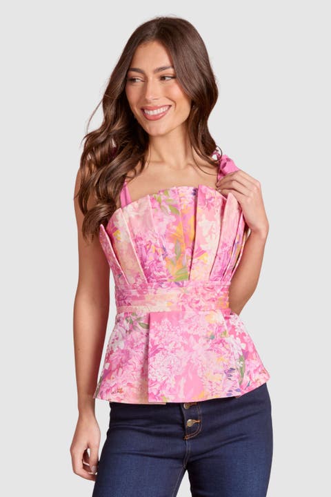 Bow Shoulder Printed Peplum Top