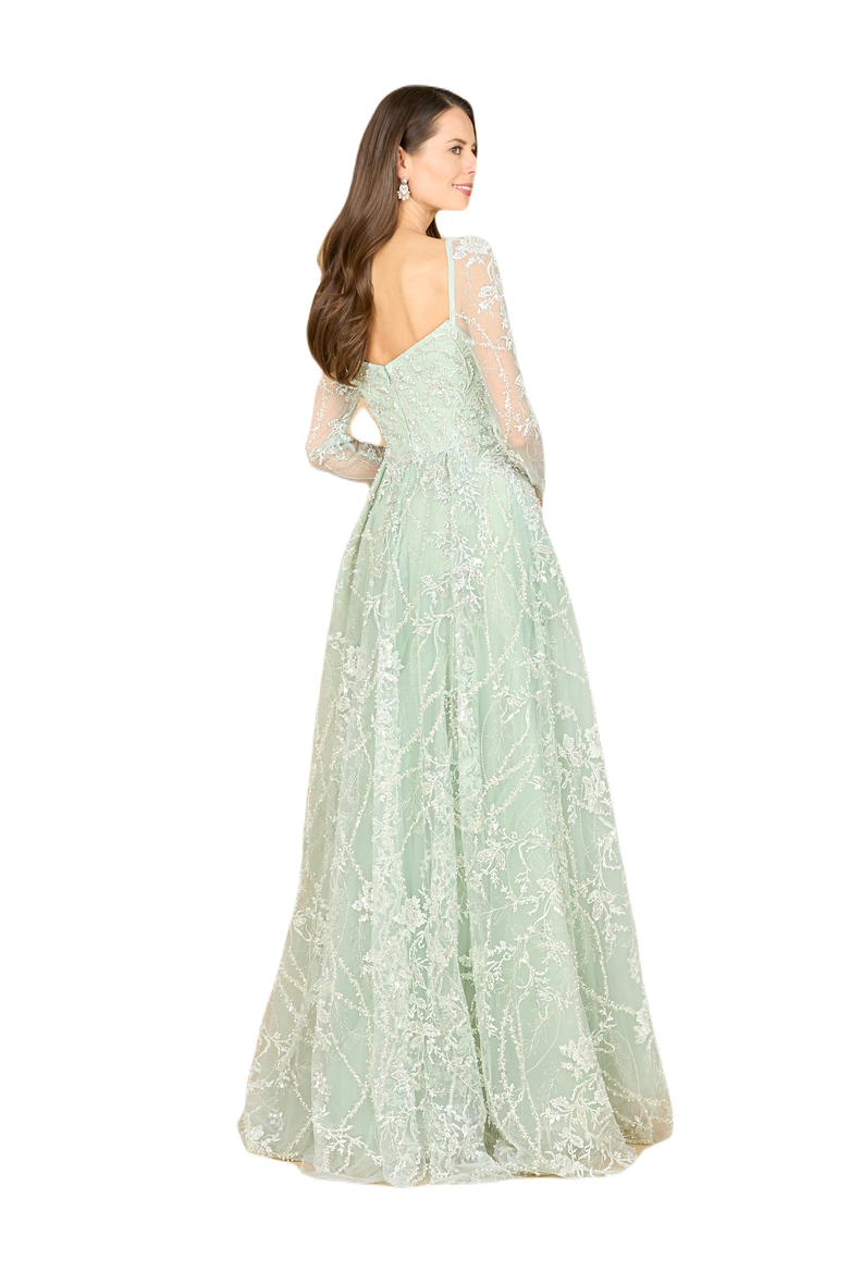 Long Sleeve Beaded Lace Gown, Alternate, color, DustySage