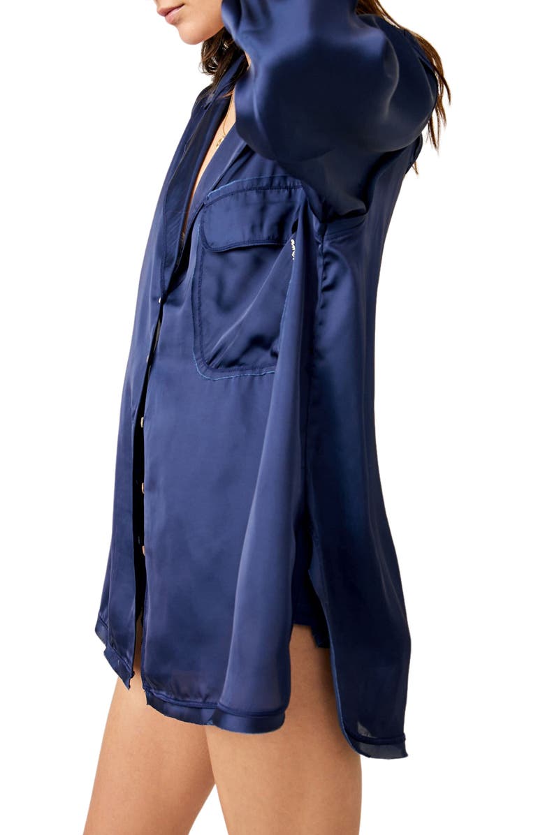 Free People Like Honey Long-Sleeve Satin Pajama Shirt, Alternate, color, Navy Coat