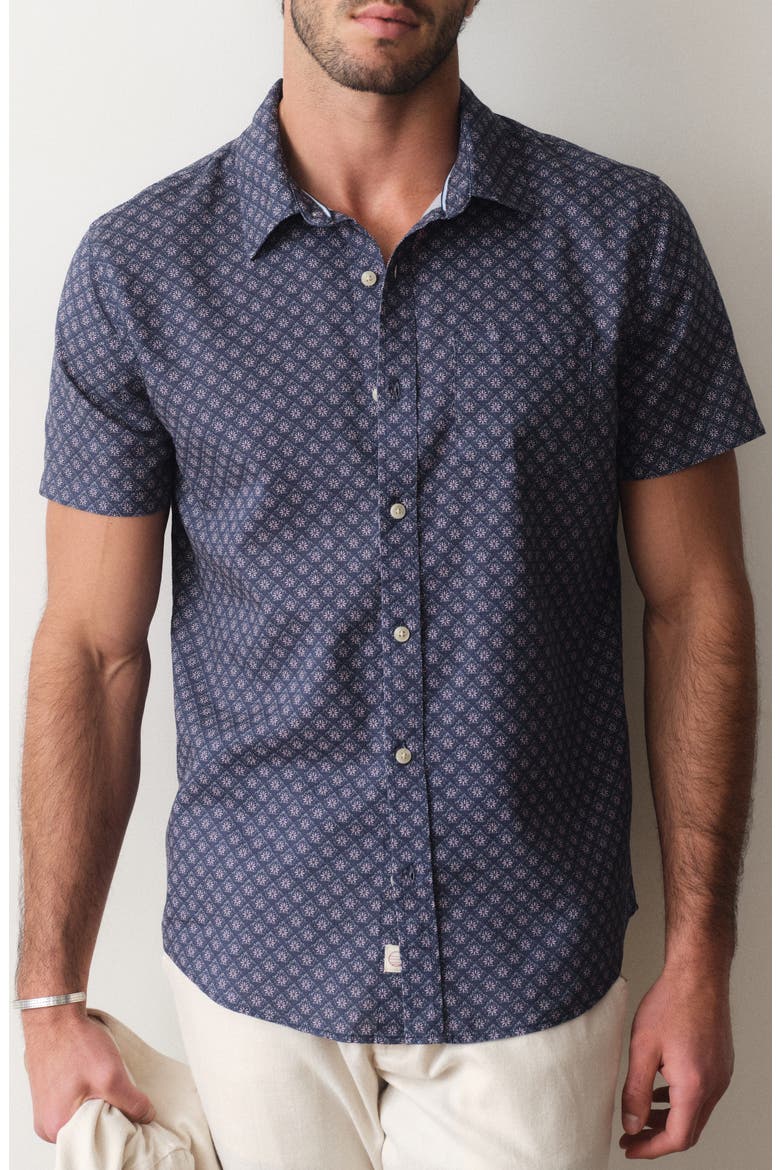 Better-Than-Linen Diamond Print Short Sleeve Button-Up Shirt, Main, color, INDIA INK DIAMOND PRINT