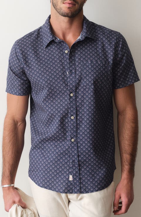 Better-Than-Linen Diamond Print Short Sleeve Button-Up Shirt