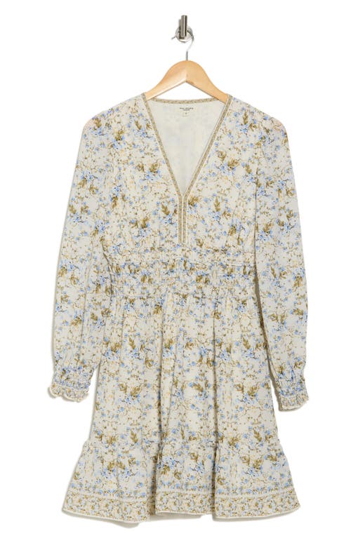 Max Studio Long Sleeve Smocked Georgette Minidress In Cream/blue Blm Interlace