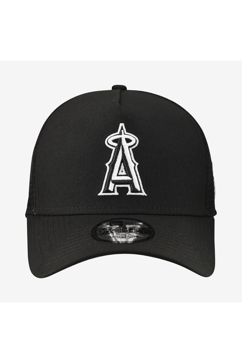Men's New Era Black Los Angeles Angels Side Script 9FORTY A-Frame Trucker Adjustable Hat, Alternate, color, Black